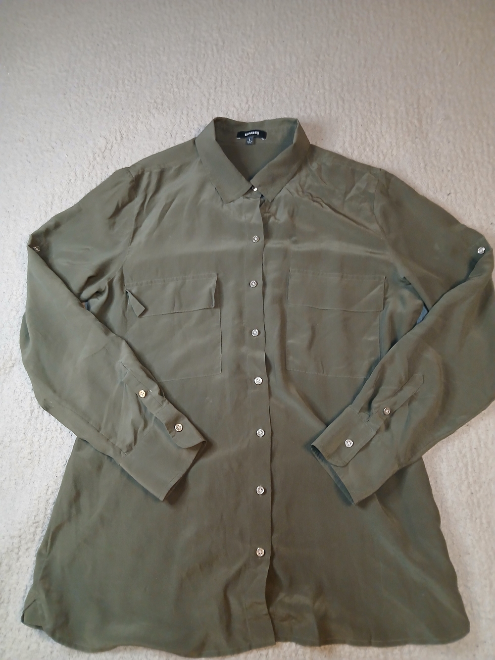 Express Womens Shirt Size L Silk Long-Sleeve/Roll Up Green Metallic Buttons